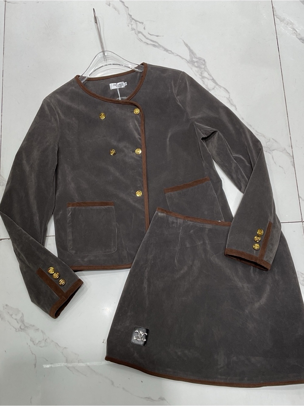 Classic Women's Velvet Two-Piece Jacket & Skirt Set - Brown